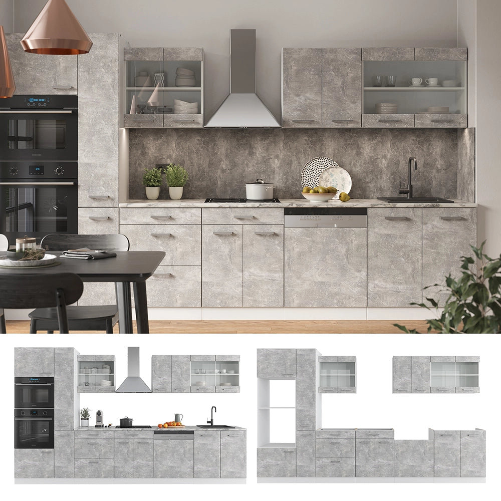 Mobile da cucina R-Line Calcestruzzo/Bianco 350 cm con armadio alto, PL Rovere Vicco
