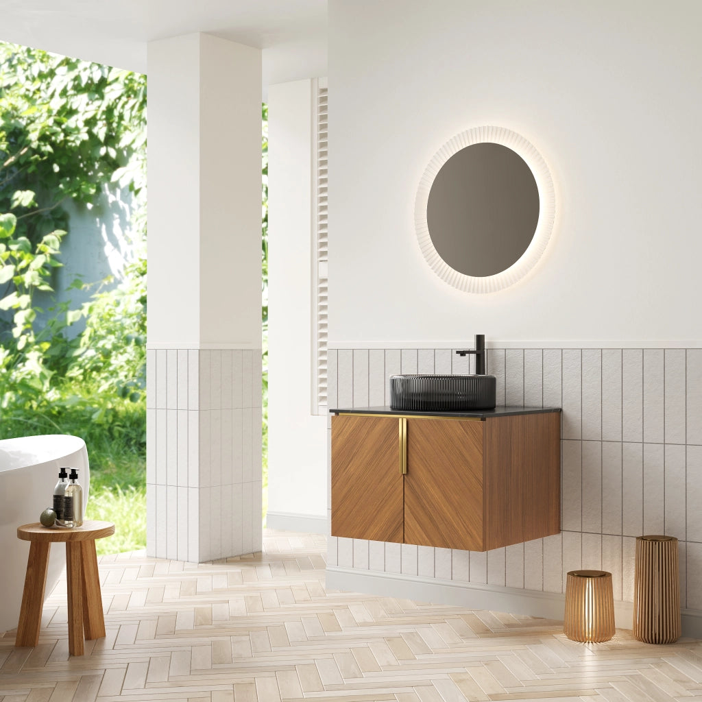 Mobile sottolavabo da bagno con lavabo rotondo in vetro nero, 2 ante e chiusura ammortizzata, nero e rovere 61 × 50 × 52,6 cm