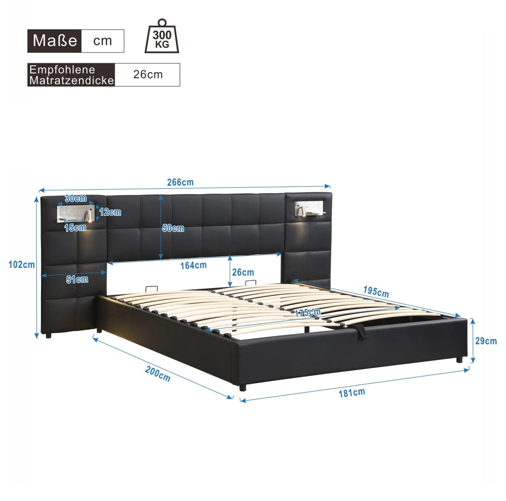Letto imbottito 180x200 cm con USB; ricarica wireless; luce e contenitore; PU nero