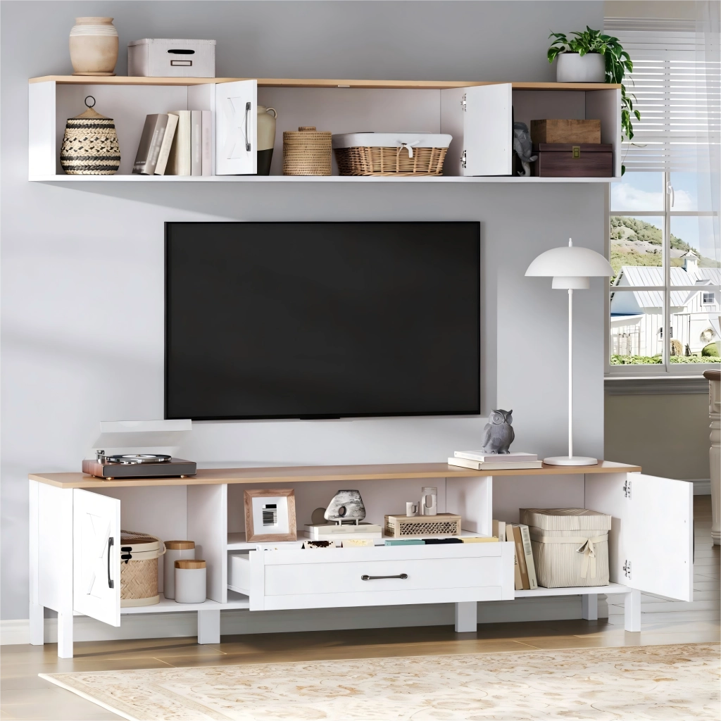 Mobile TV da Parete con Vetrina e Cassetto ¨C Xylo ¨C Bianco, 180x40x50