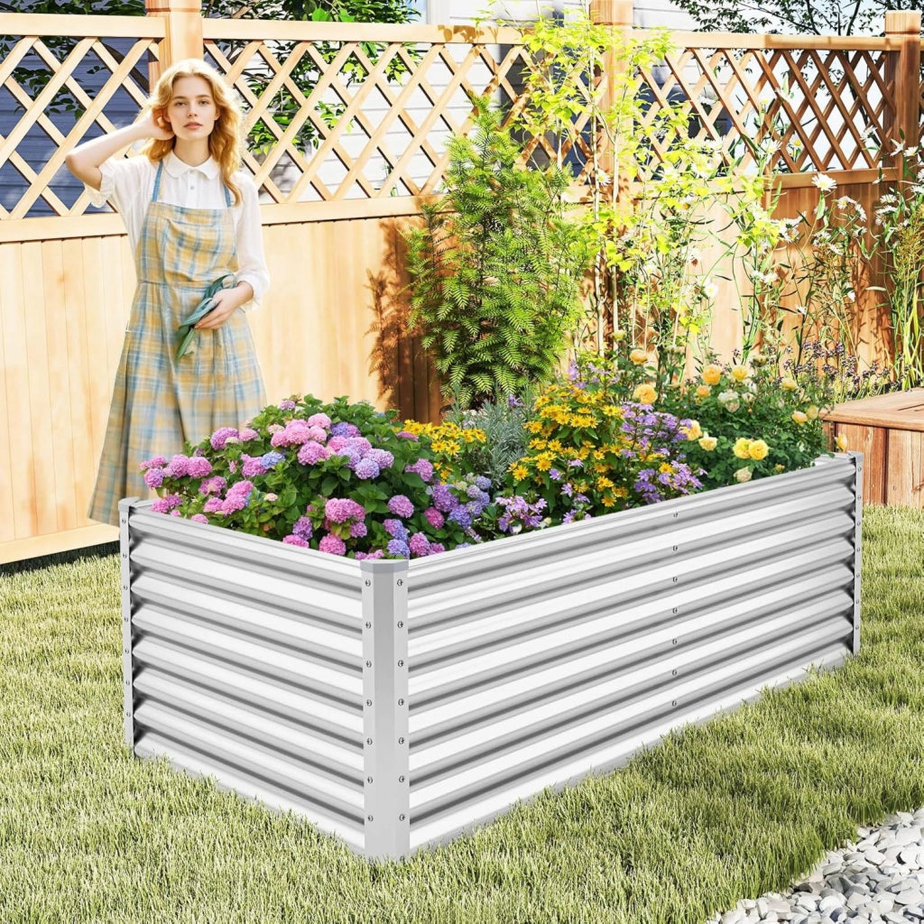 Letto da Giardino Rialzato in Metallo, Orto Rialzato con Design a Fondo Aperto, Protettori d'Angolo Rinforzati, Aiuola Rialzata da Esterno per Verdure, Fiori e Erbe Aromatiche (Argento)