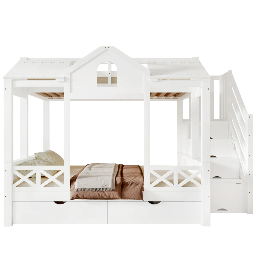 OKWISH Letto a castello 90×200 cm e 140×200 cm, Letto 3 Posti con 2 Cassetti, Mobile Scala e Design Casetta, senza Materasso