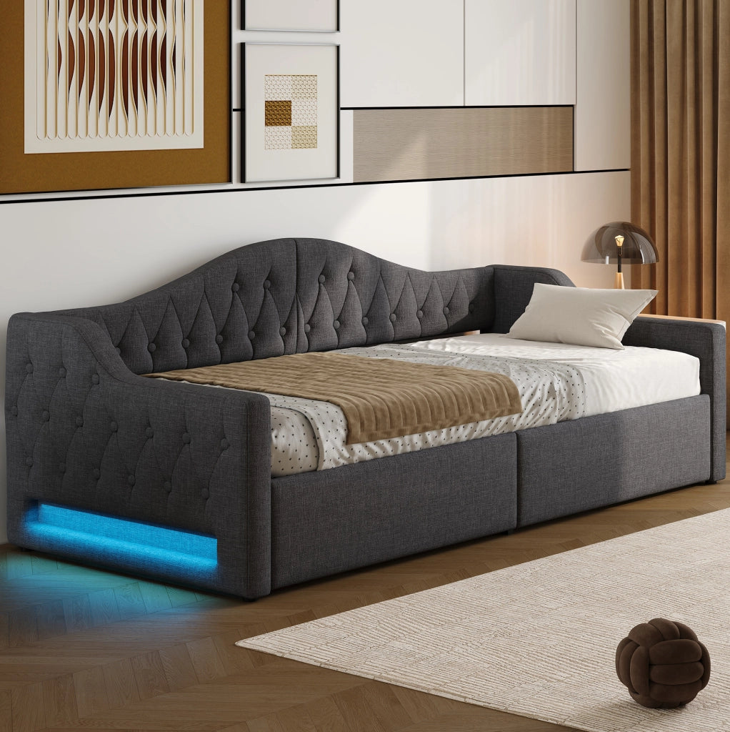 Letto singolo imbottito 90x200 cm con LED, contenitore e struttura grigia