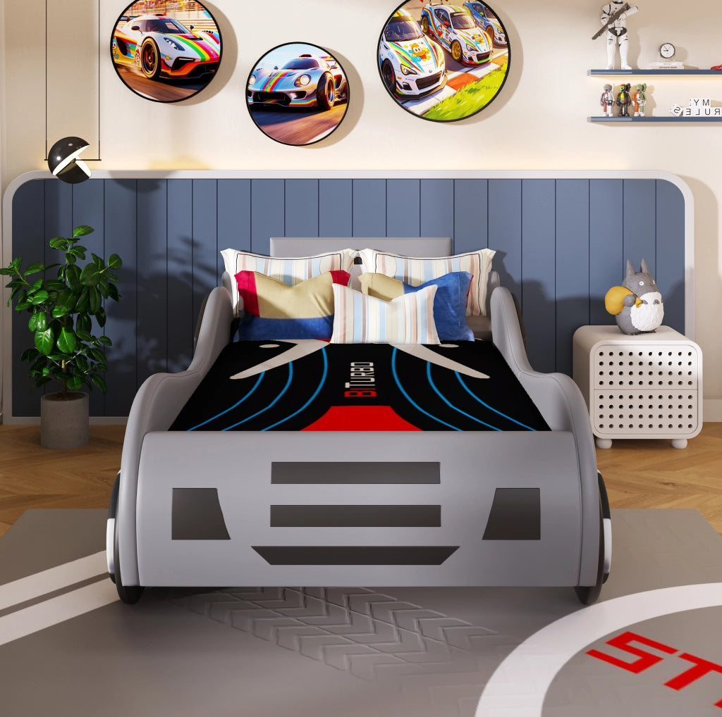Letto per bambini a forma di auto 90x200 cm con rete a doghe e contenitore; grigio
