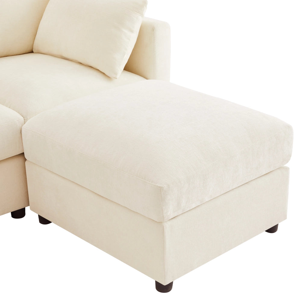 Divano modulare a forma di U/L in tessuto chenille beige con 2 pouf e 4 cuscini decorativi