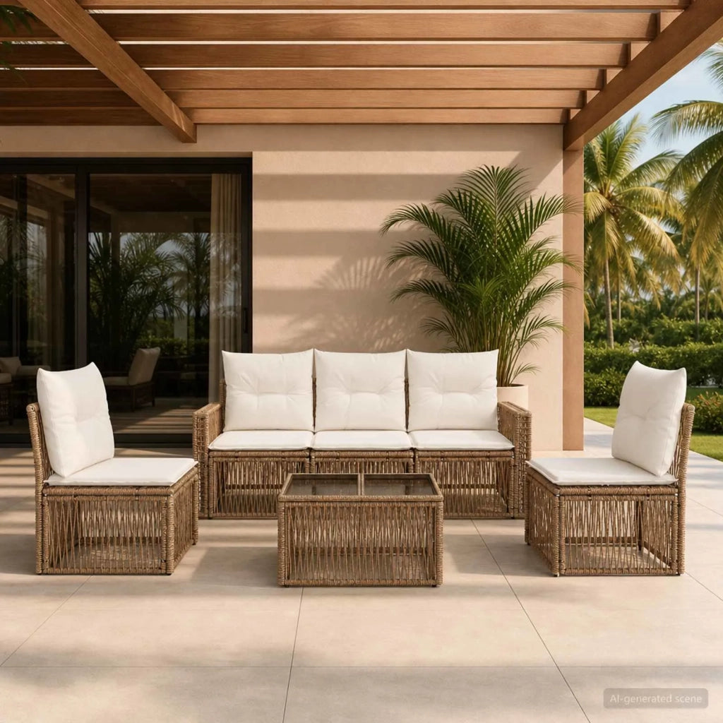 Set Divano da Giardino 6 pz Beige e Bianco Crema polyrattan 3435084