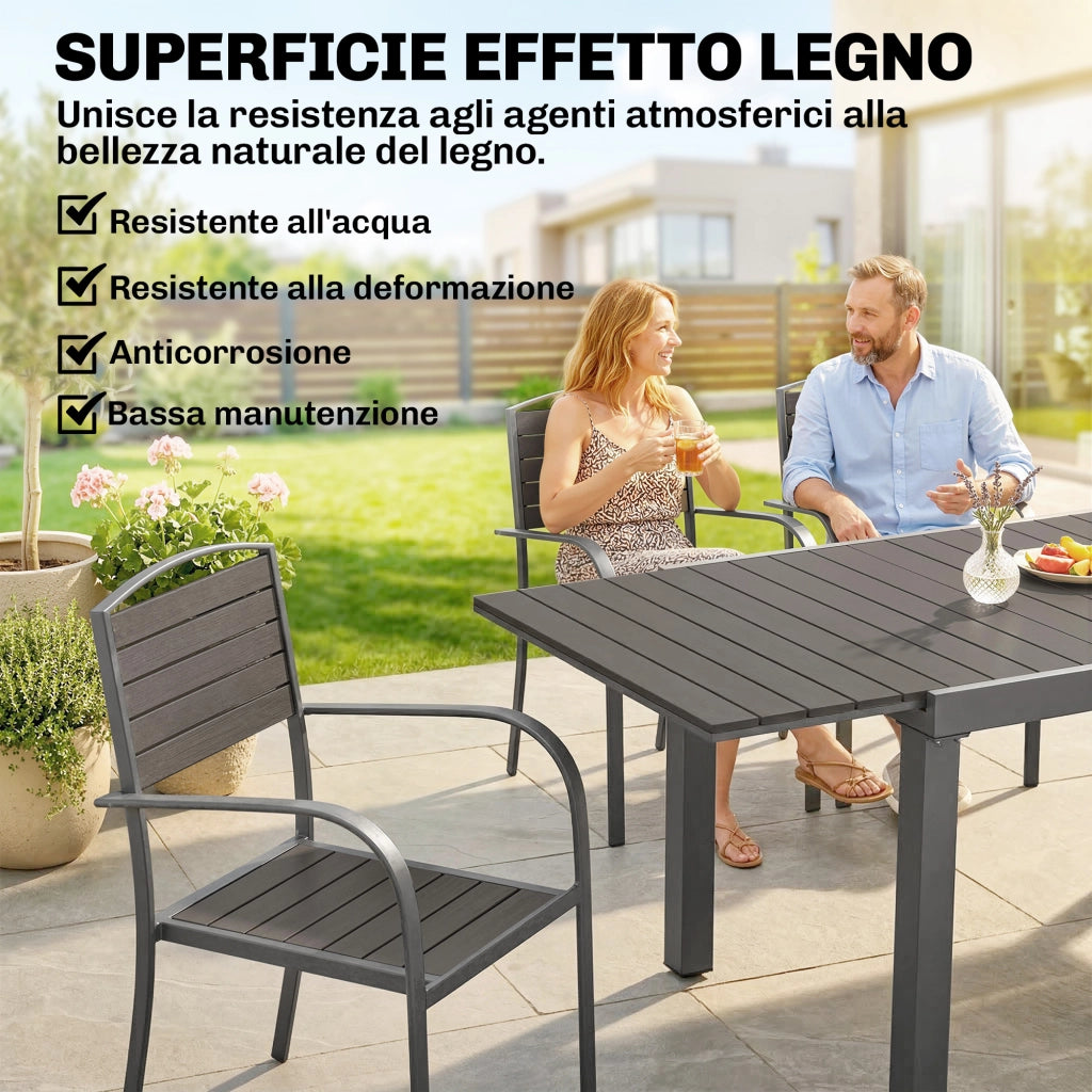 Set  9 Pezzi Pranzo da Esterno con Tavolo Estensibile in Alluminio e 8 Sedie Grigio