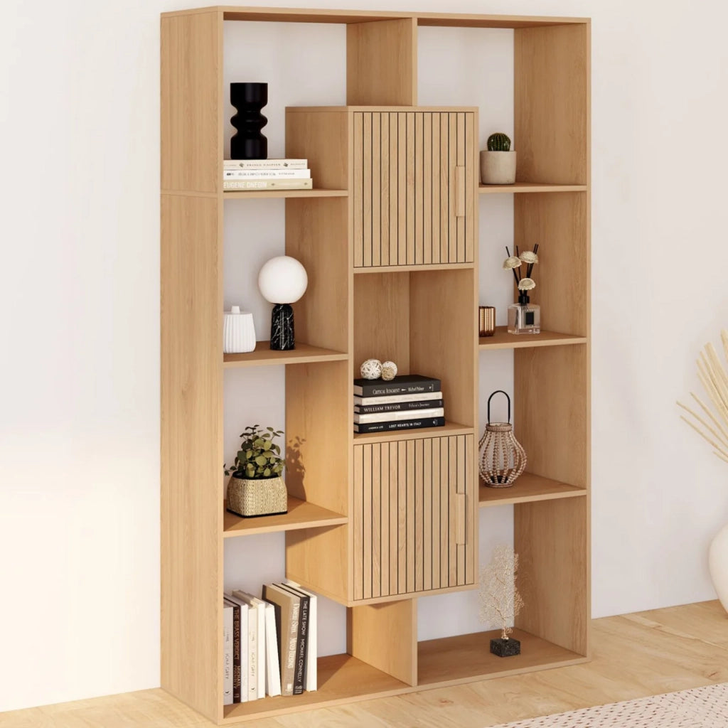 IDMarket - Libreria COLETTE con 11 scomparti e 2 scomparti JULIETTE effetto doghe 143 cm