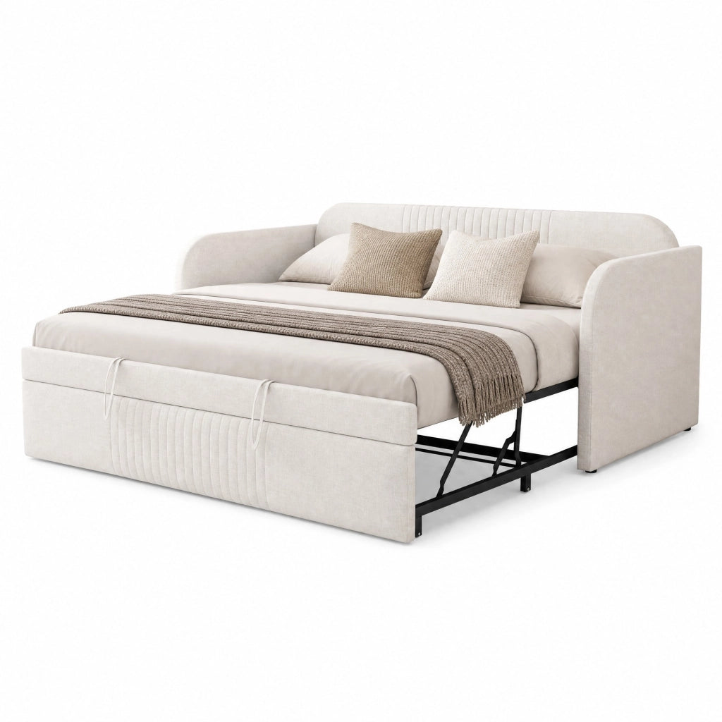 Divano letto imbottito estensibile 90/180 x 190 cm in lino beige; con rete a doghe