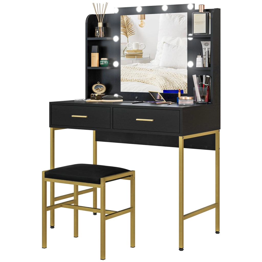 Cassettiera Toeletta con Specchio e Luce ¨C zephmum ¨C Nero, 2 Cassetti, Ripiani