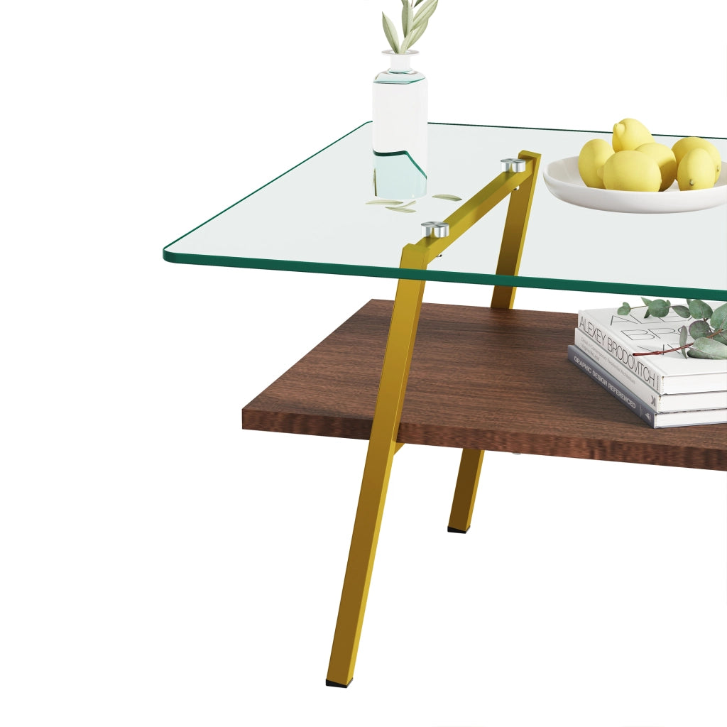 TAVOLINO da caffè rettangolare 98x58x42,5 cm in vetro temperato, MDF e oro