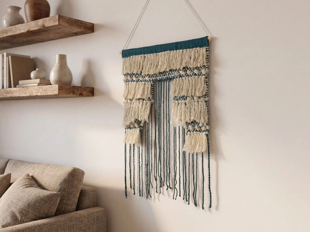 Decorazione da parete in cotone blu e beige con nappe fatte a mano decorazione da parete boho per soggiorno camera da letto