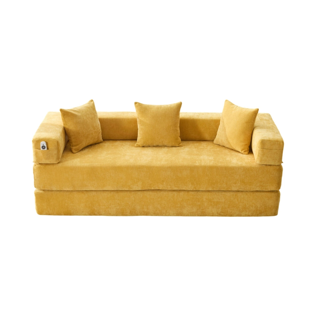 Divano modulare in chenille color senape con tasche laterali, base antiscivolo e imbottitura in schiuma