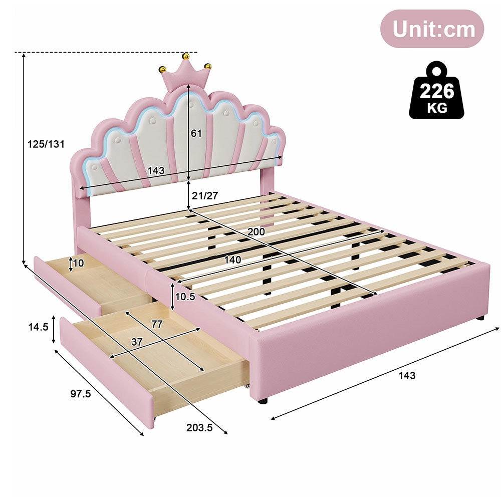 Letto matrimoniale-Xylo-140x200 cm-2 cassetti, LED, testiera corona, PU rosa