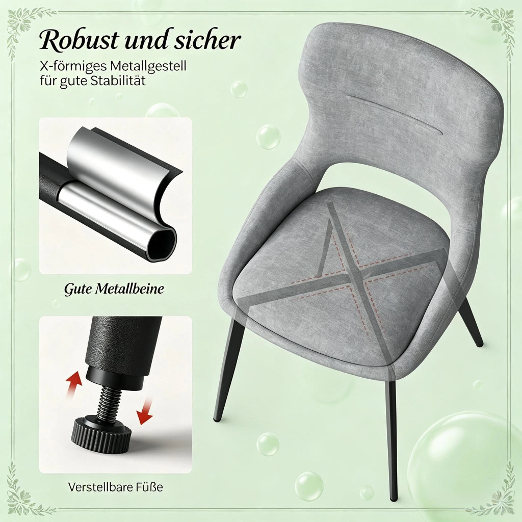 Sedia da Pranzo Set da 2 con Schienale Ergonomico Traforato e Piedini Regolabili, in Ciniglia Grigia