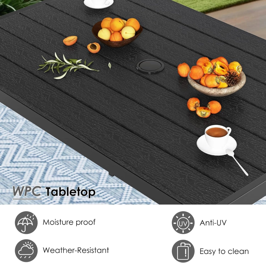 Tavolo da Giardino 110x70 cm con Foro per Ombrellone 4cm, Tavolo da Terrazzo in WPC per 4-6 Persone, Tavolo da Balcone Resistente alle Intemperie con Telaio in Alluminio, Nero