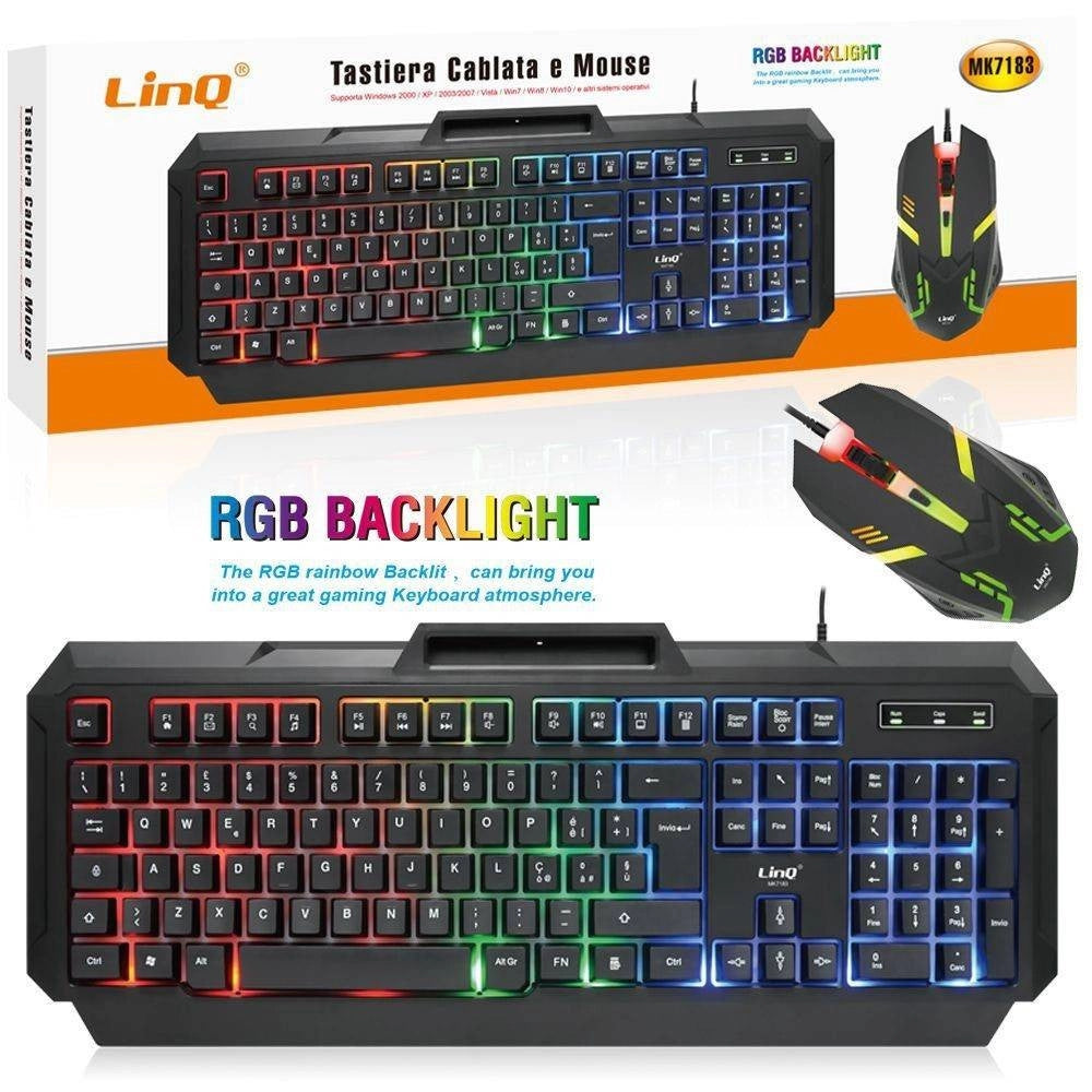 Trade Shop - Tastiera Cablata + Mouse Usb Con Filo Retroilluminata Rgb Luce Gaming Pc Mk7183 -