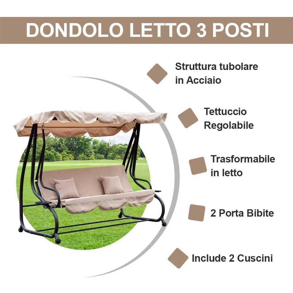 Dondolo Letto da Giardino 3 Posti Tetto Reclinabile Cuscini Beige 200x126x170 cm