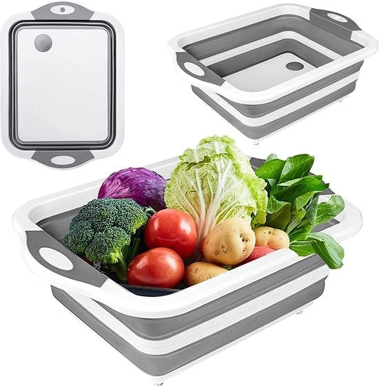 Piastra di taglio con setaccio integrato, tavolo da campeggio pieghevole, piatto da cucina pieghevole in plastica leggera con silice gel, lavello con rubinetto per verdure e frutta, portapicnic (grigio)