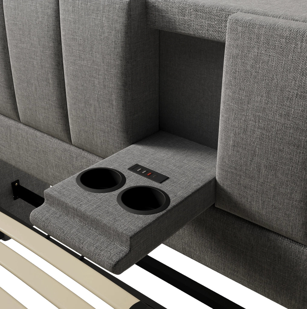 Letto imbottito ULEVR 180x200 cm con contenitore idraulico, ricarica USB e Type-C, lino grigio