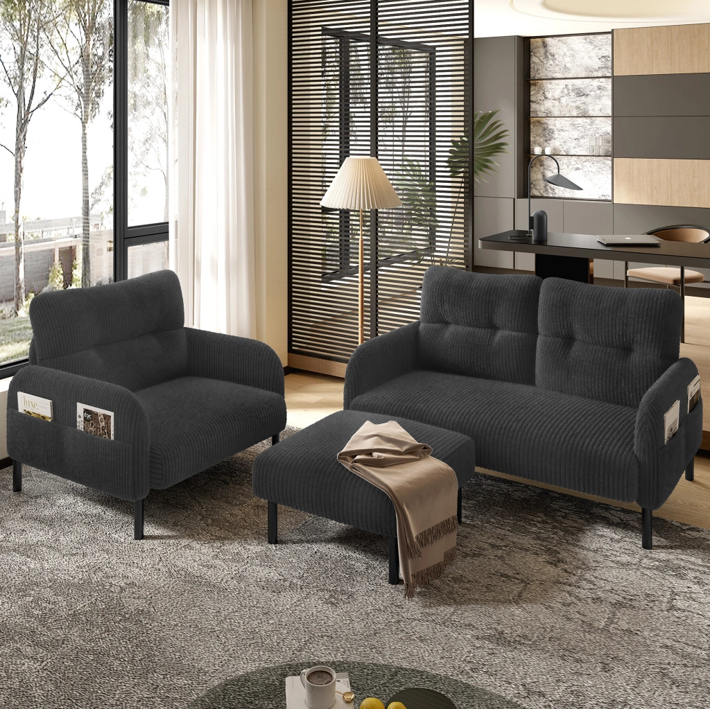 Set divano; poltrona e pouf modulare in corduroy grigio
