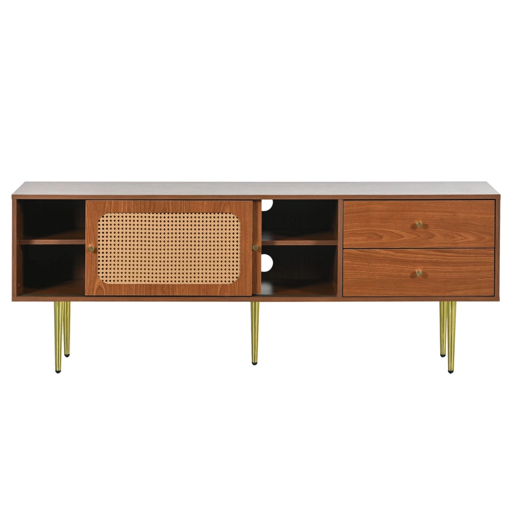 Mobile TV 160x40x60 cm con ante scorrevoli e 2 cassetti in MDF e rattan sintetico noce e caffè