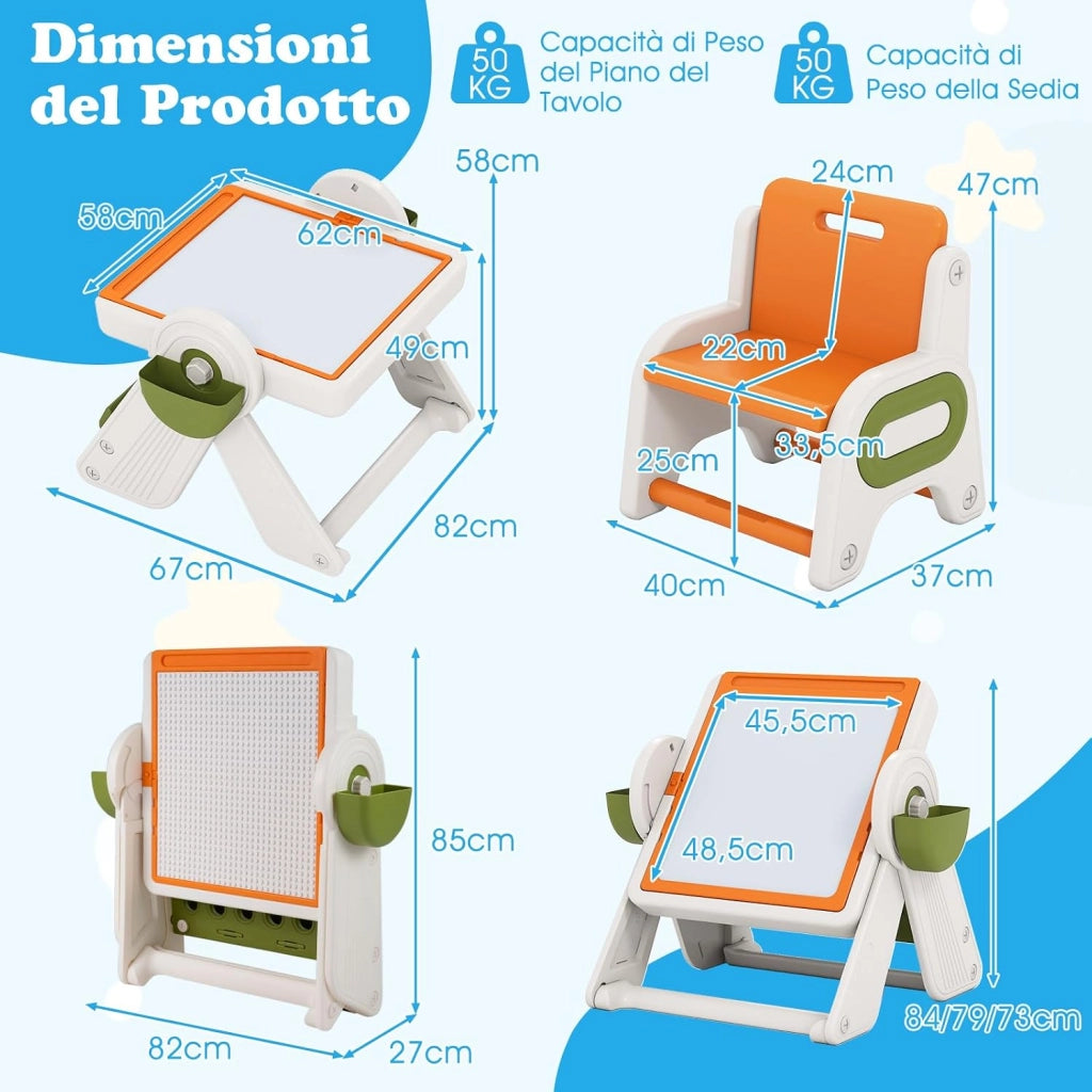 Set Tavolo e Sedia 6 in 1 per Bambini 18+ Mesi, Tavolino Pieghevole con Piano Reversibile, Porta Penne, Cesti Contenitori e Scaffale, Tavolo Salvaspazio per Giochi per Cameretta (Arancione)