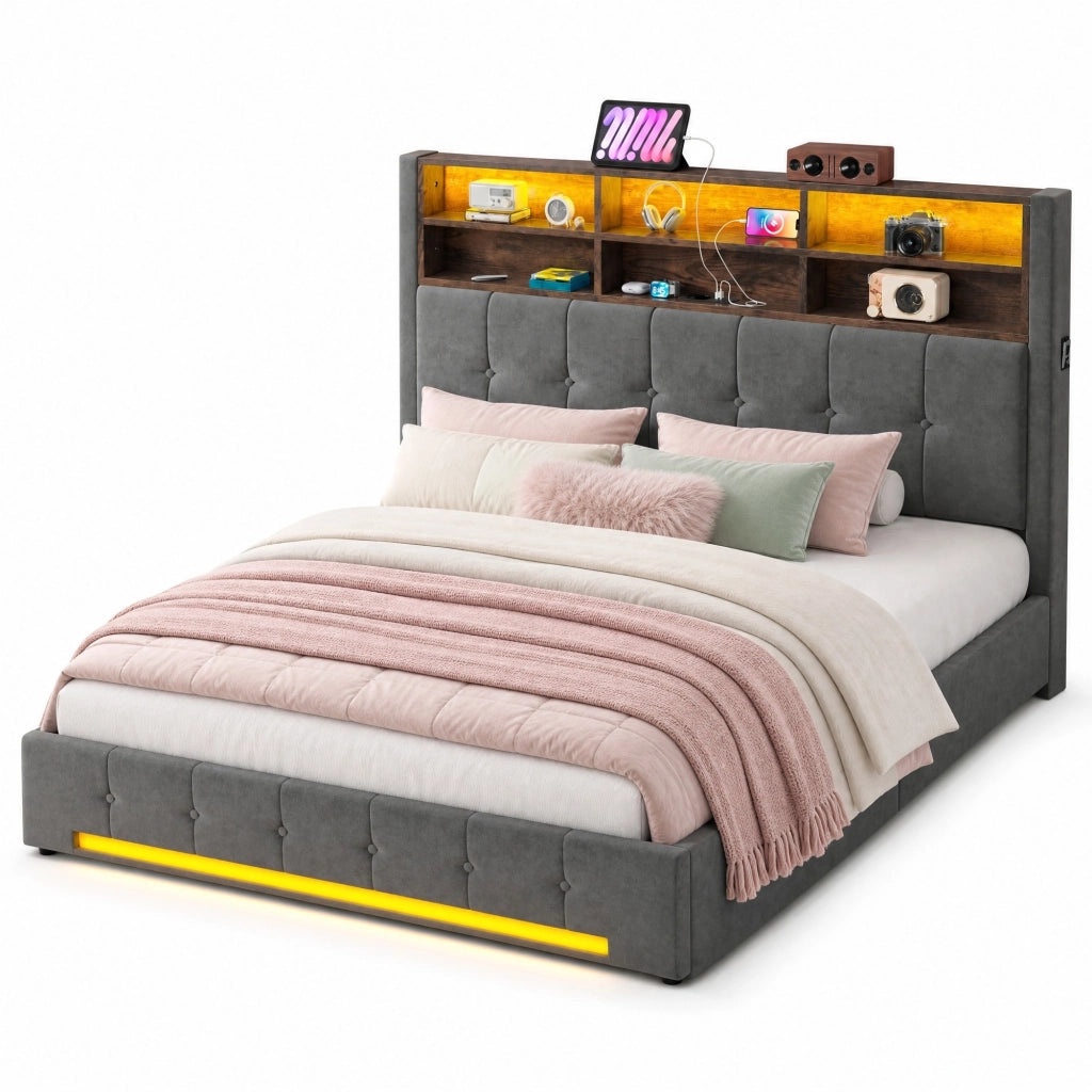 Letto matrimoniale 180x200 cm in velluto grigio scuro con LED e contenitore