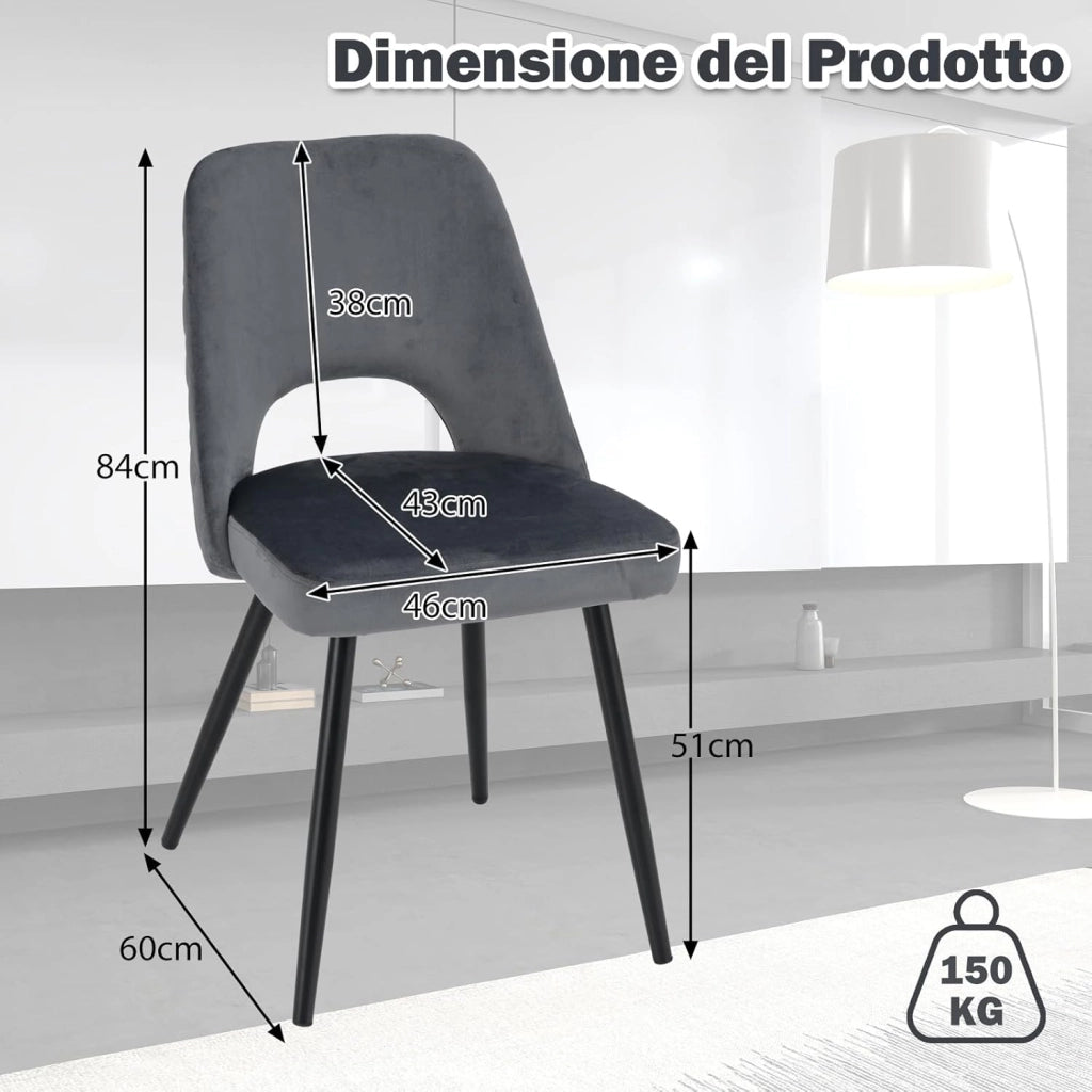 Set 2 Sedie da Pranzo, Sedie Imbottita con Cuscino in Spugna, Gambe in Metallo, Piedini Regolabili 60 x 46 x 84 cm, Capacità di Carico 150 kg, per Soggiorno, Ristorante e Caffè, Grigio