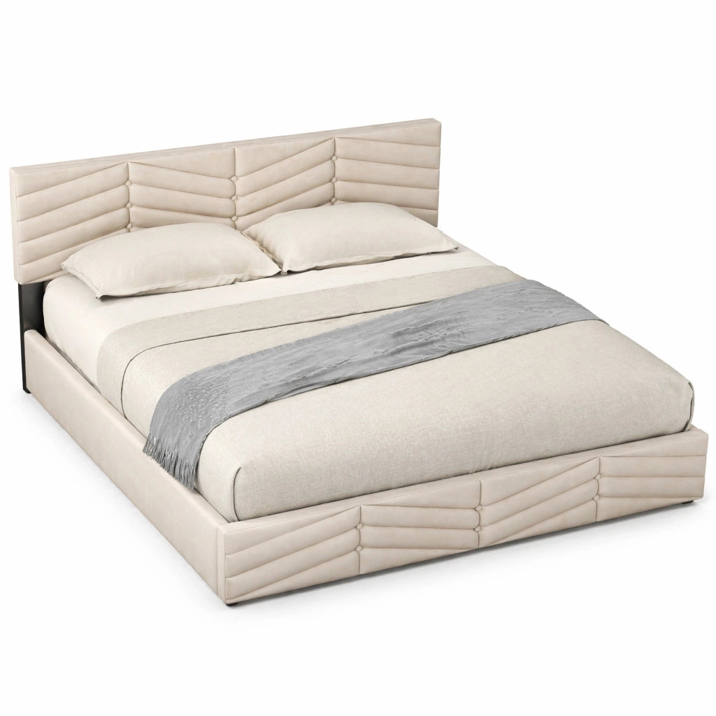 Letto imbottito 140x190 cm con testiera regolabile, velluto beige, rete a doghe, struttura stabile