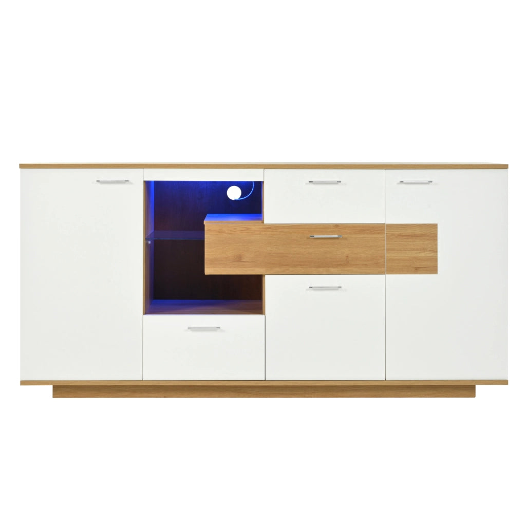Sideboard 160x40x77 cm con illuminazione LED; 2 porte e 4 cassetti in MDF; naturale e bianco