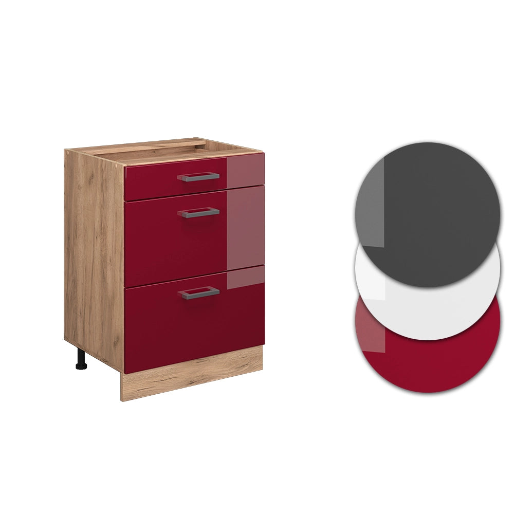 Mobiletto base per cucina R-Line Rosso lucido/Rovere dorato 60 cm con cassetti, senza piano di lavoro Vicco