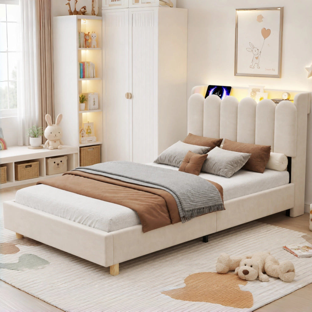 LETTO Singolo 90 x 200 cm in velluto beige con testiera e USB Type-C