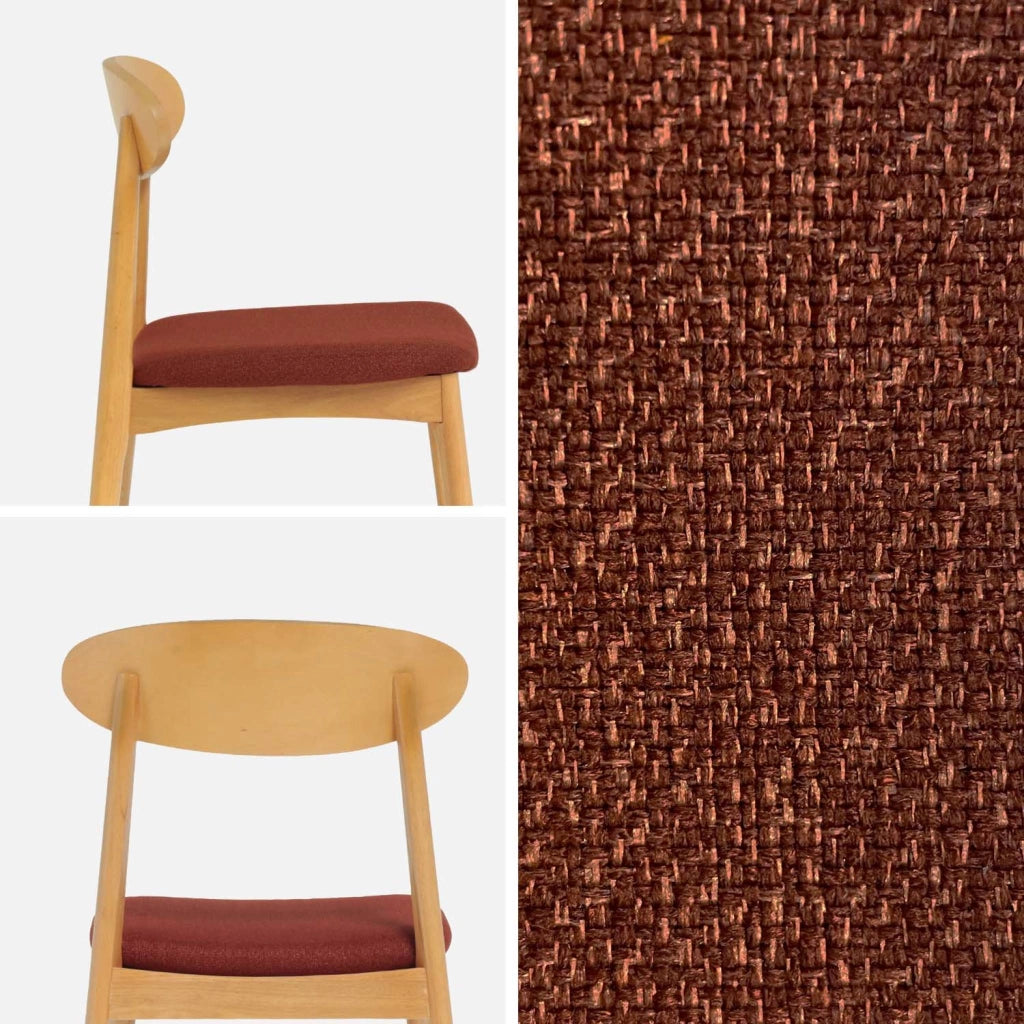 Set 2 sedie vintage in legno di hevea naturale e tessuto, terracotta