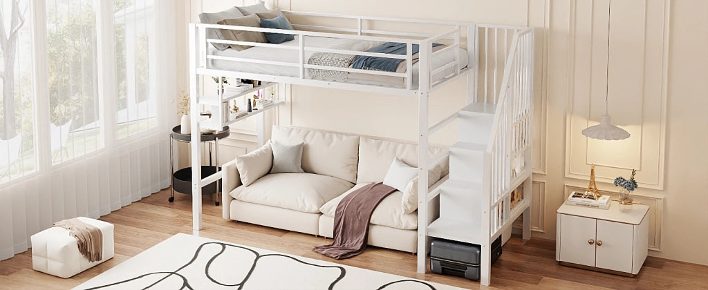DESMIU Letto a soppalco letto bambino 1 posto con ripiani, scala contenitore e barriera 90 × 200 cm senza materasso