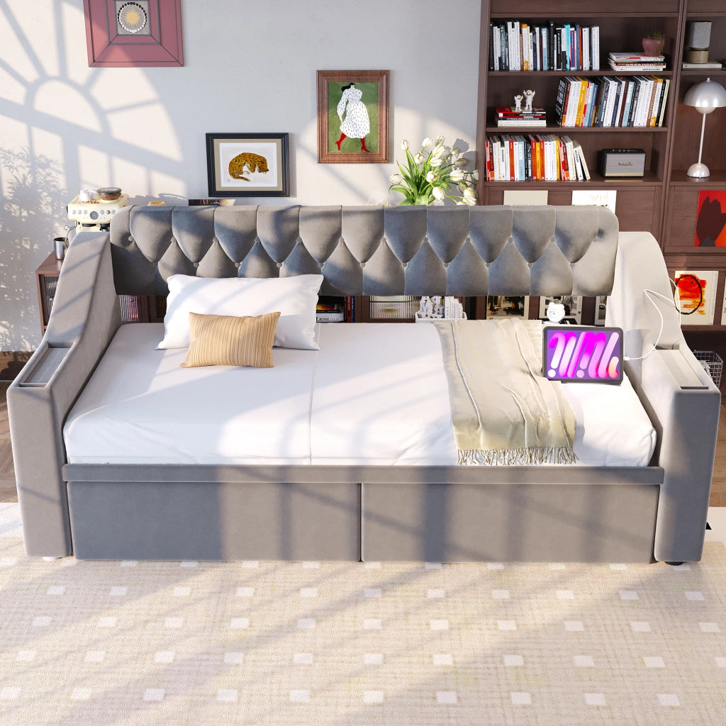 Letto imbottito trasformabile 90x190 cm in velluto con contenitore, USB e cassetti, grigio chiaro