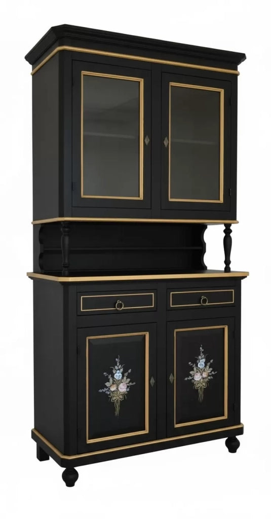 Cristalliera 2 porte shabby legno nero decorata filo oro 104x43x208 - Mobili 2G