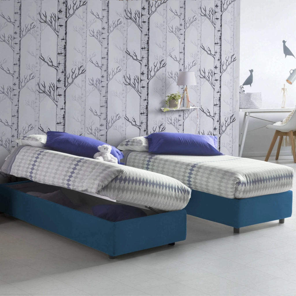 Letto singolo Abbi, Letto contenitore con rivestimento in tessuto, Made in Italy, Apertura laterale, con materasso cm 80x190 incluso, Blu