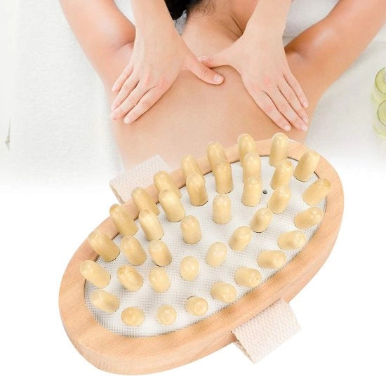 Borsetto per il corpo, spazzola per massaggi con nodi per cellulite, spazzola per massaggi del corpo, scrub massaggiante per la schiena, miglioramento del flusso sanguigno, massaggio naturale con legno per il corpo