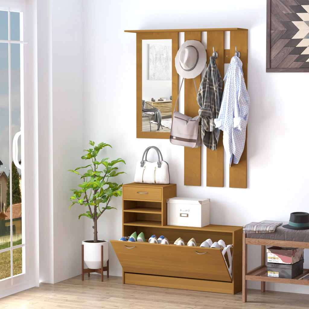 Mobile Ingresso con Scarpiera Specchio Appendiabiti ¨C Xylo ¨C 6 Ganci 2 Ripiani Cassetti Legno 90x24x166cm