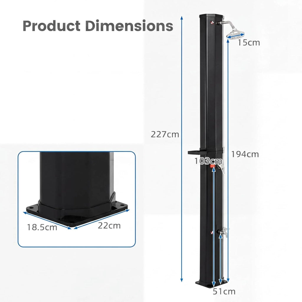 SOARS Doccia Solare da Giardino 60 L, 277 cm Doccia da Esterno con Copertura Protettiva, Soffione 360° e Rubinetto per Piedi, Max. 60 °C, per Piscina e Spiaggia