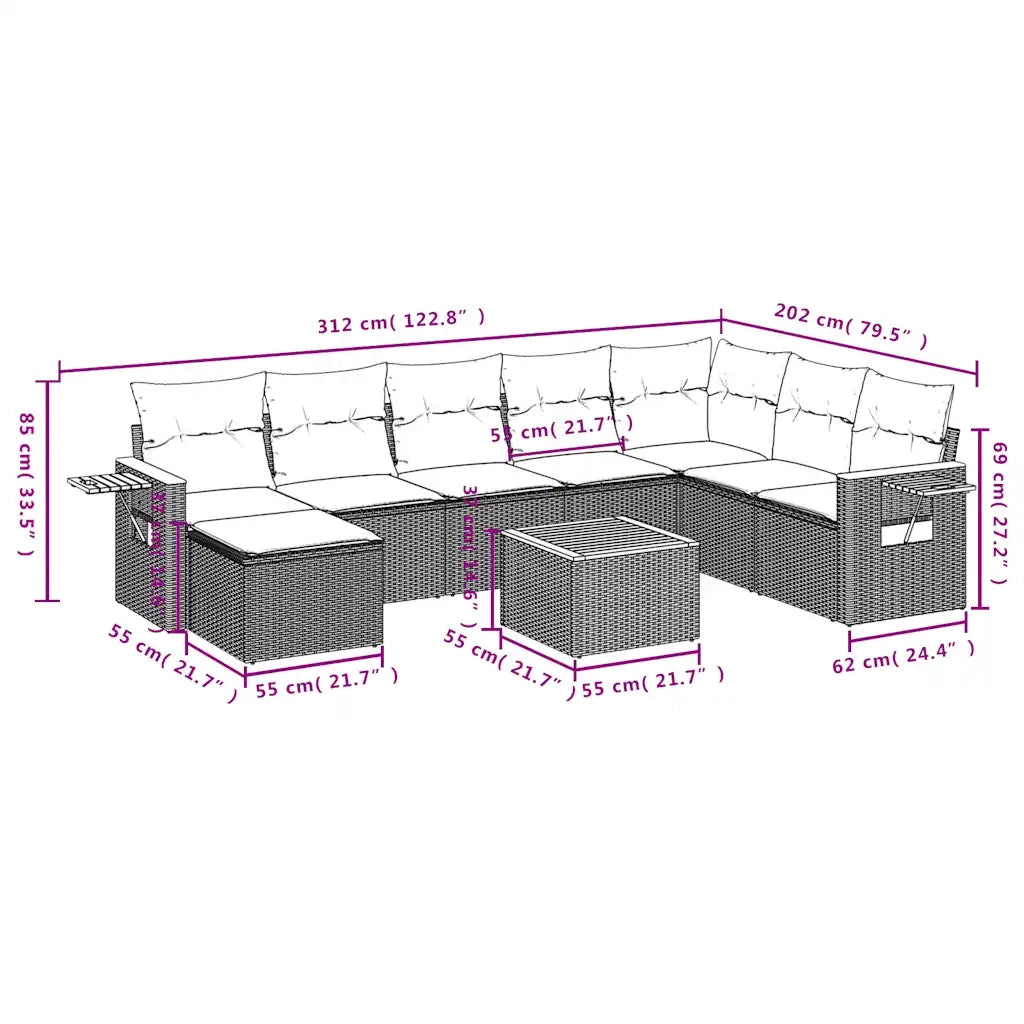 Set Divani da Giardino 9 pz con Cuscini Nero in Polyrattan