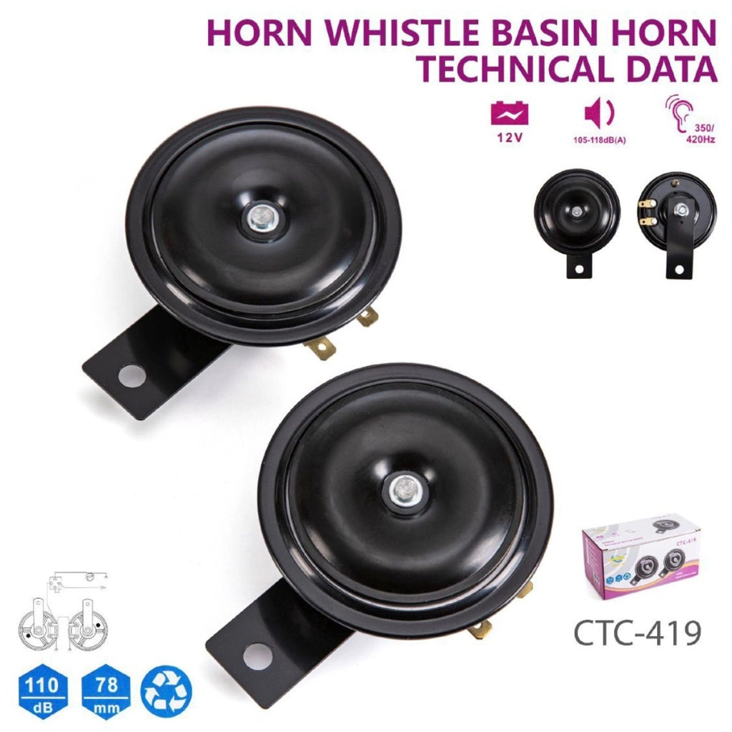 CLACSON AUTO MOTO 12V 110DB TROMBA ELETTRICA TONDA UNIVERSALE NERA 78MM CTC-419