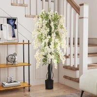 Pianta Artificiale Glicine Bianco Finto con Vaso per Interni ed Esterni, Bianco e Verde Ø18 x 165cm
