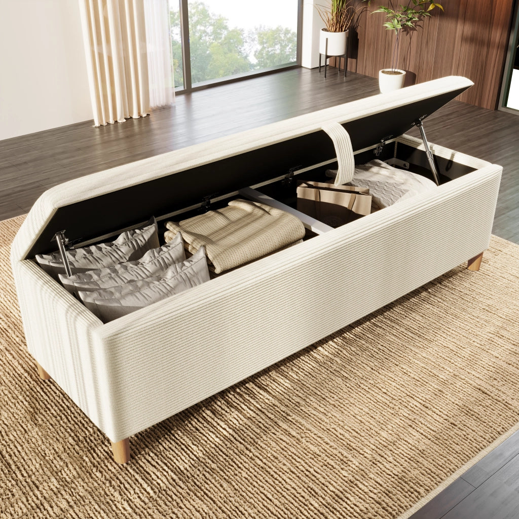 Panca Fondo Letto con Contenitore Idraulico e Seduta Imbottita Gambe in Legno in Velluto a Coste Beige