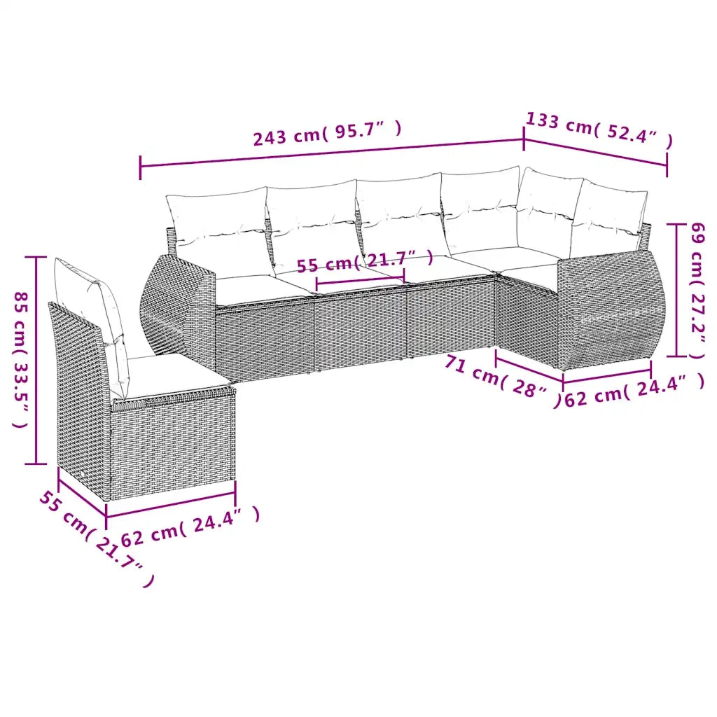 Set Divani da Giardino 6 pz con Cuscini Grigio in Polyrattan 3221430
