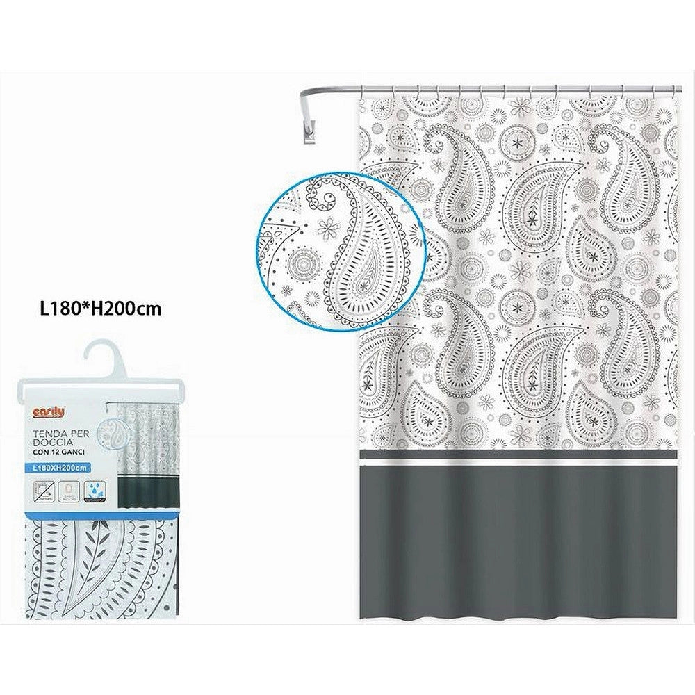 Trade Shop - Tenda Doccia Vasca Bagno 12 Anelli 180x200 Cm Motivo Paisley Etnico Grigio 87581 -
