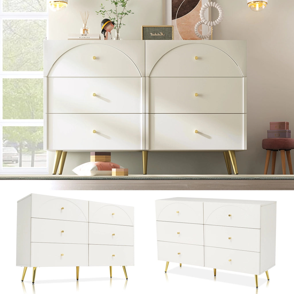 Cassettiera con 6 Cassetti e Frontali Bombati; Piede in Metallo Regolabile; Stile Classico; in Legno e Metallo; 120×40×85 cm; Bianco Crema