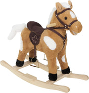 Cavallo a Dondolo in Legno per Bambini, Cavalluccio Cavalcabile in Peluche con Suoni, Giocattolo Regalo per Bimbi 1/2/3 Anni, Marrone e Bianco