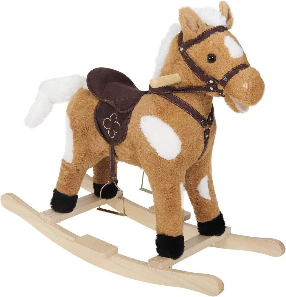Cavallo a Dondolo in Legno per Bambini, Cavalluccio Cavalcabile in Peluche con Suoni, Giocattolo Regalo per Bimbi 1/2/3 Anni, Marrone e Bianco